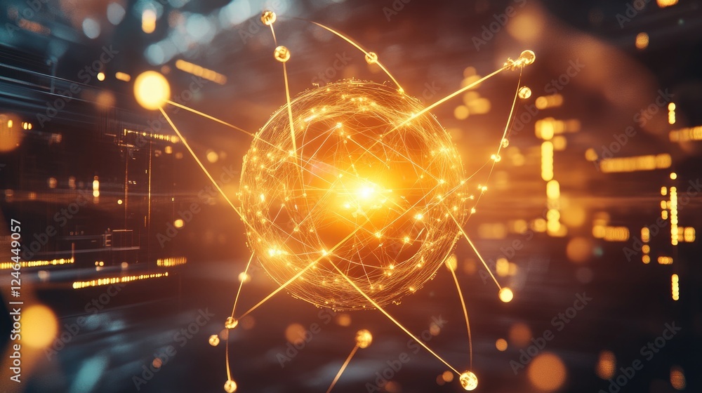 Poster quantum computing concept with glowing atoms and a futuristic processor.