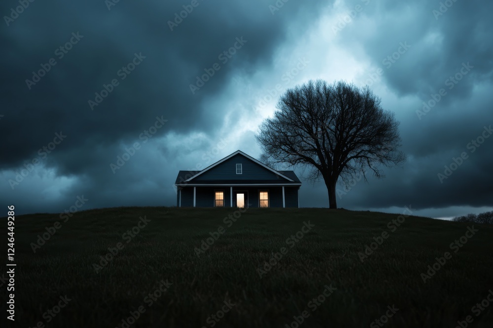 Aufkleber a solitary house stands on a grassy hill with a large tree nearby, while dark clouds roll in, creati