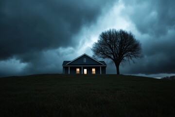 Fototapeta premium A solitary house stands on a grassy hill with a large tree nearby, while dark clouds roll in, creating an atmosphere of solitude and calmness