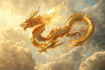 majestic golden chinese dragon with intricate scales, flowing whiskers, and pearl-clutching claws emerging from ethereal clouds, rendered in metallic detail