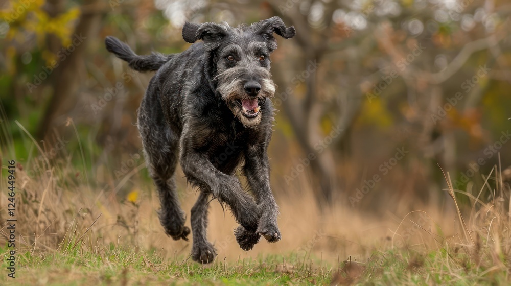 Aufkleber playful black dog joyfully running through a grassy field with trees in the background