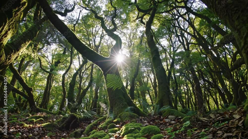 Poster Exploring lush green moss and ancient trees in a serene forest setting filled with sunlight and nature's beauty