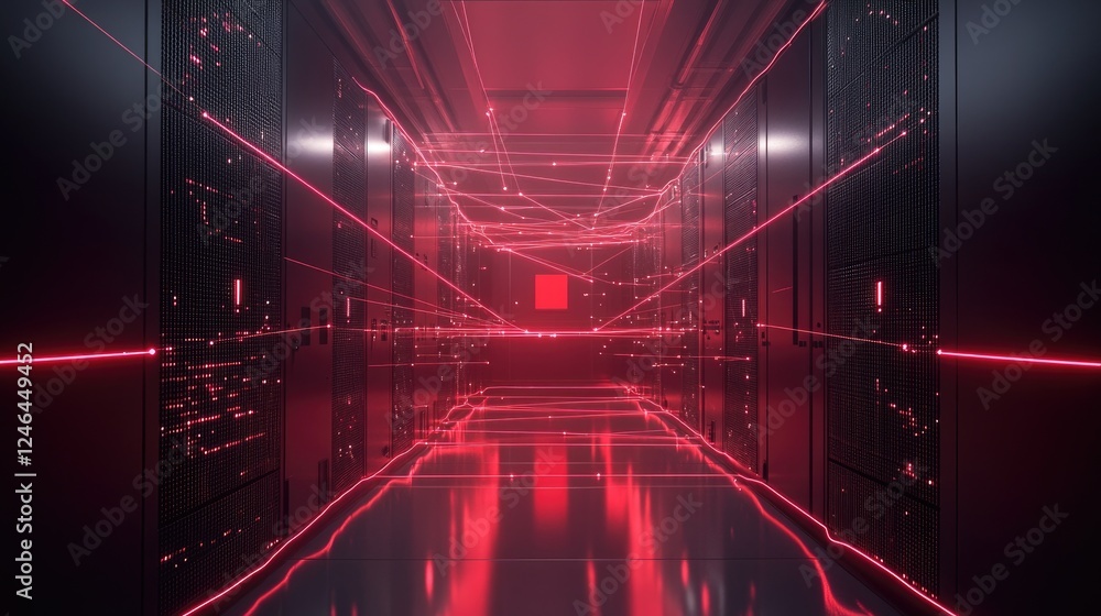 Poster server room with glowing data connections representing high-speed networking.