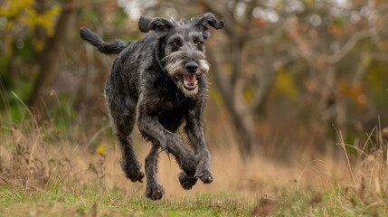 Playful black dog joyfully running through a grassy field with trees in the background