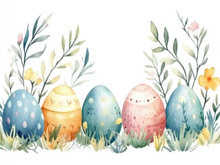 Colorful Easter Eggs Surrounded by Delicate Green Foliage and Soft Flower Accents