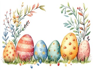 Colorful Easter Eggs Surrounded by Spring Flowers in a Festive Border Design