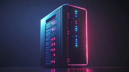 Futuristic Computer Server with Neon Lights in Dark Environment