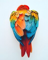 Fototapeta premium Vibrant, colorful parrot feathers arranged artistically against a plain background, showcasing nature's beauty