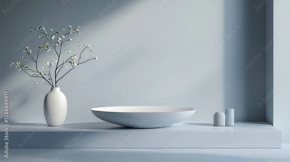 Poster minimalist 3d product display platform in soft blue with decorative elements and calm aesthetics