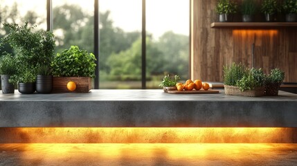 Modern Kitchen Countertop with Natural Elements and Warm Lighting