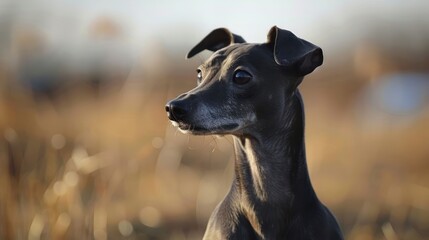 Portrait of a sleek black dog in a sunlit field, showcasing its alert expression and natural beauty