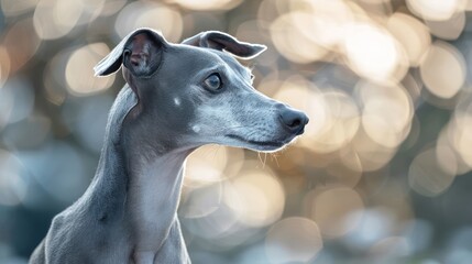 Graceful grey dog with expressive eyes posed against a shimmering bokeh background outdoors