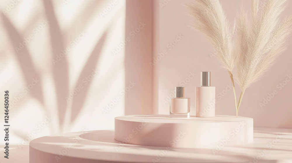 Poster minimalist 3d product display platform in soft pink with elegant decorative elements