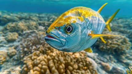 Vibrant fish swimming through a colorful coral reef, showcasing marine life in a serene underwater scene