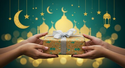 A Generous Act of Celebration: Presenting a Gift During a Joyful Islamic Holiday Festival with Glowing Ornaments