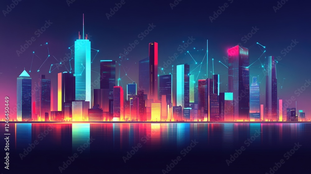 Poster smart city skyline with glowing data connections and futuristic ui elements.