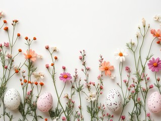 Simple Easter Decoration with Colorful Eggs and Fresh Flowers on Light Background