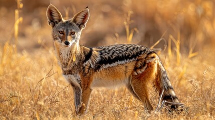 Fototapeta premium A striking jackal stands alert in golden grasslands during sunset, showcasing its beauty