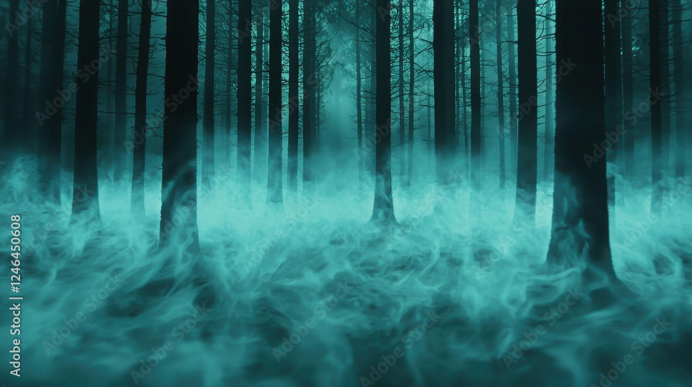 Poster misty forest with translucent tree trunks and ethereal fog in enchanting atmosphere