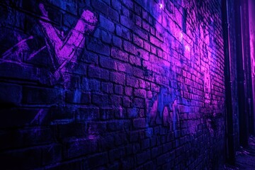 Neon-lit brick alleyway, graffiti art, urban night scene, background texture