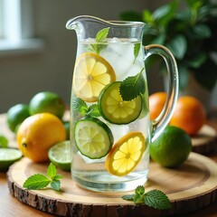 Homemade Detox Water with Cucumber, Citrus, and Mint in Glass Pitcher