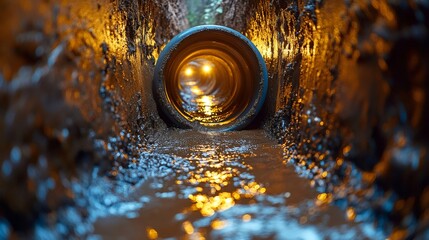 Illuminated underground tunnel with flowing water