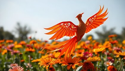 Obraz premium The Fiery Phoenix Takes Flight Over a Blooming Meadow