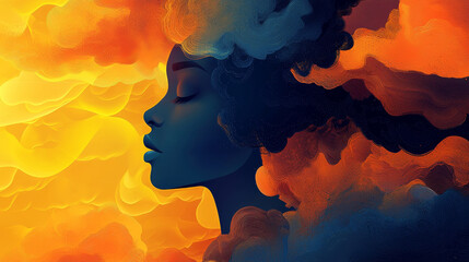 Artistic silhouette of woman with colorful clouds around