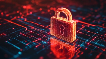 Digital Lock Symbol with Glowing Effects on Cyber Background