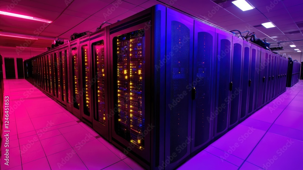 Poster supercomputer processing massive amounts of data with glowing analytics.