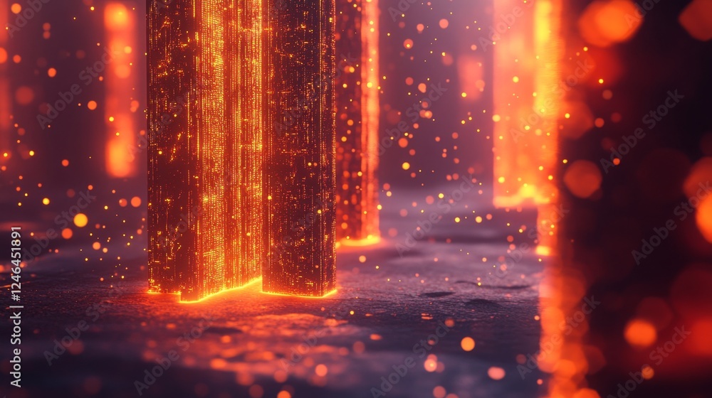 Poster glowing columns in an ethereal landscape with sparkling particles