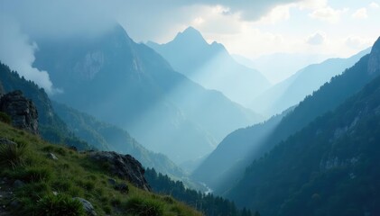 Naklejka premium Misty veil descends upon towering peaks, veiling them in mystery, rugged, calming, peaceful