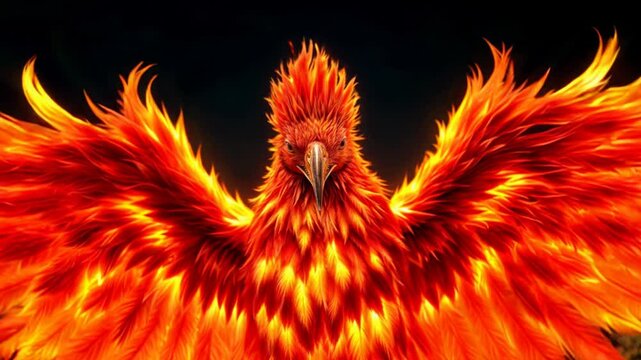 Majestic phoenix bird rising from flames against black background, showing mythical firebird with spread wings in vibrant orange and yellow colors,