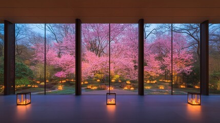 Naklejka premium Tranquil Cherry Blossom Garden View from Modern Room