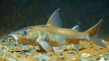 Underwater view of a catfish swimming gracefully over a sandy riverbed with pebbles