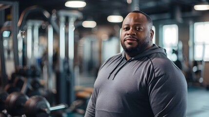 Overweight Man Smiles Confidently in Gym Embracing Fitness Journey