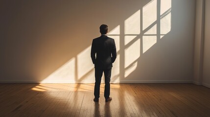 Obraz premium Man standing in minimalist room with sunlight streaming in
