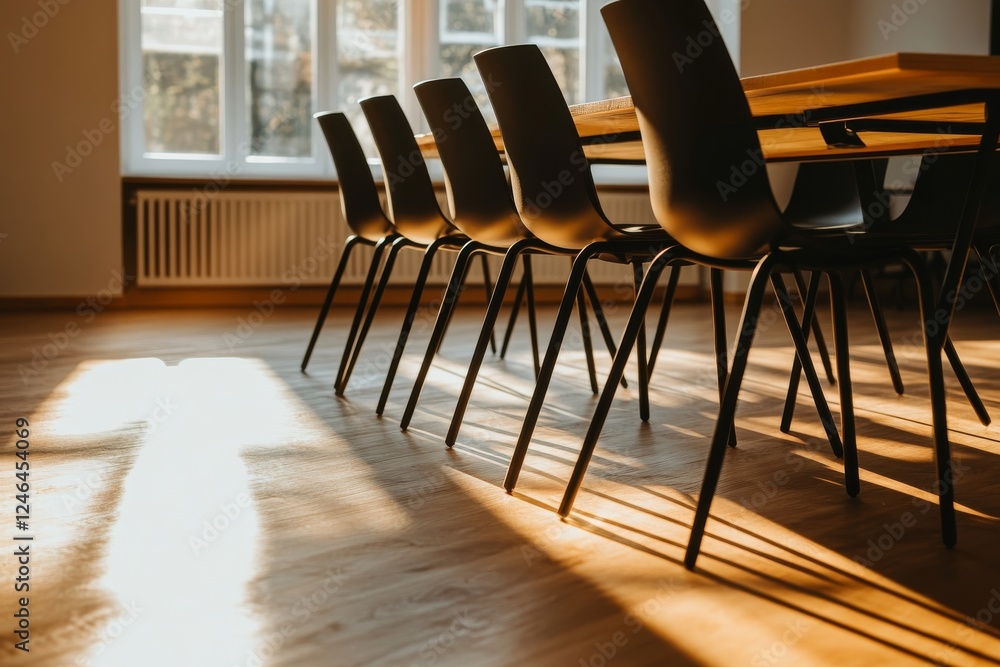 Leinwandbilder sunlight fills an empty conference room with a long wooden table and chairs, creating dynamic shadow