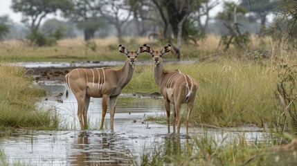 Naklejka premium Two Nyala Antelopes Standing in a Serene Wetland Surrounded by Lush Greenery and Trees