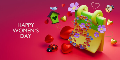 Women's Day background with 3d 8 number, hearts and elegant ribbon. 3d render.