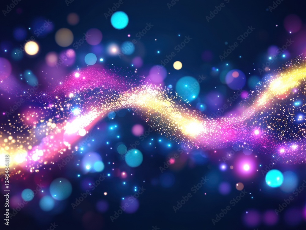 Poster a vibrant swirl of colorful lights and sparkles against a dark background, creating a magical and dy