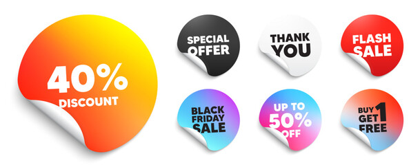 Discount sticker tag. Special offer paper price tags. 40 percent discount tag. Sale offer price sign. Special offer symbol. Discount, black friday sticker. Promo banner. Vector