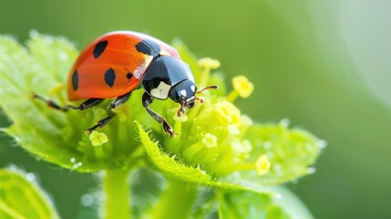Fototapeta premium Close-up of a ladybug on vibrant green leaves with delicate yellow flowers in a blurred background