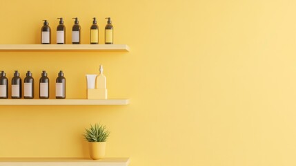 Minimalist yellow wall with shelves and decorative bottles