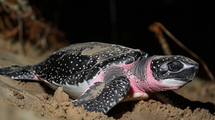 Obraz premium A pink-spotted turtle crawls across sandy terrain under a darkened environment, showcasing nature's beauty