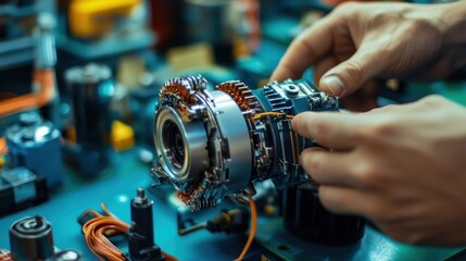 A technician assembling a complex mechanical component in a workshop setting.