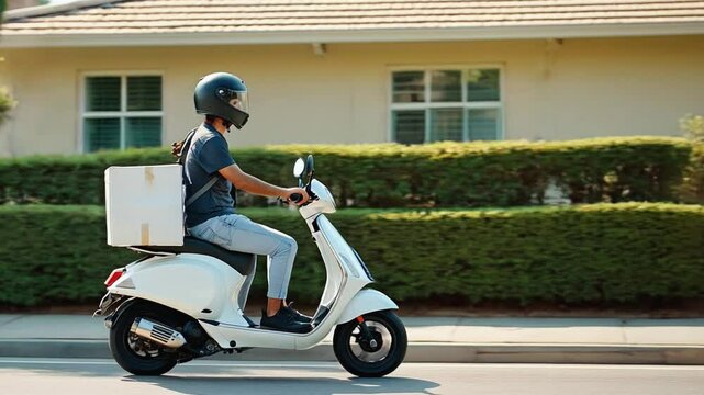 Delivery driver riding scooter on suburban street