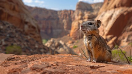 A curious desert rodent perched on a rock, overlooking a stunning canyon landscape at sunset