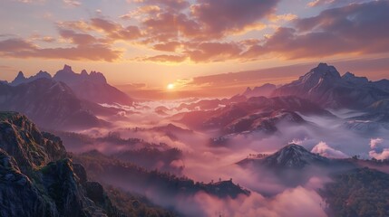 Obraz premium A breathtaking mountain landscape with a sunset over a valley filled with clouds.
