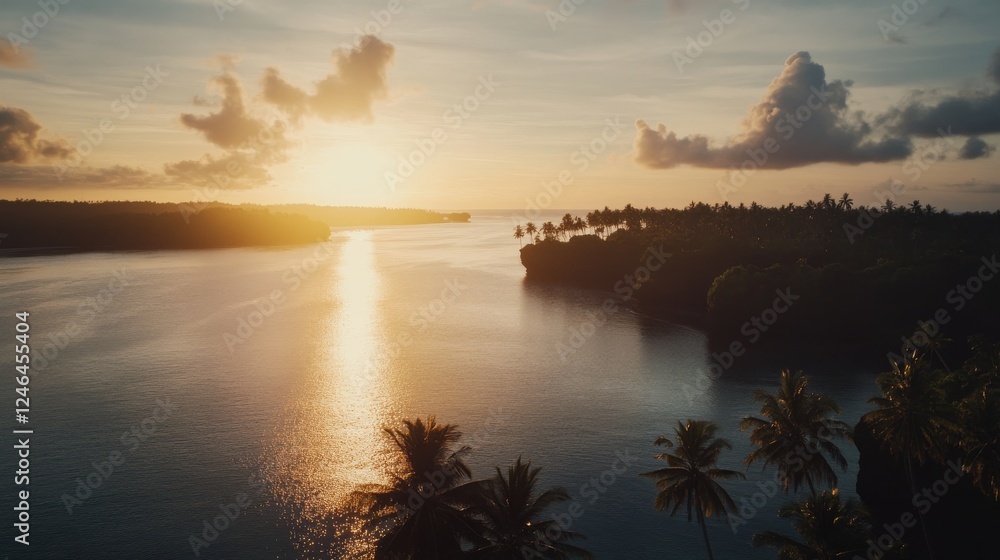 Poster golden sunlight bathes the tranquil ocean as the sun sets behind jagged cliffs, with palm trees stan